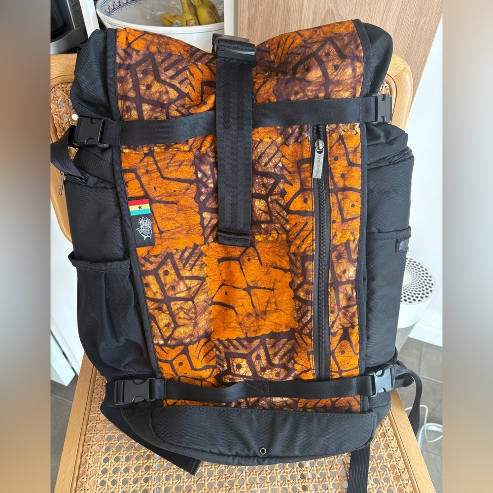 Ethnotek Raja 46 backpack with Ghanaian textile